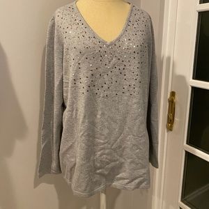 Women's Chico's Grey Sequined V-neck Loose Sweater, Size 2 (L)
